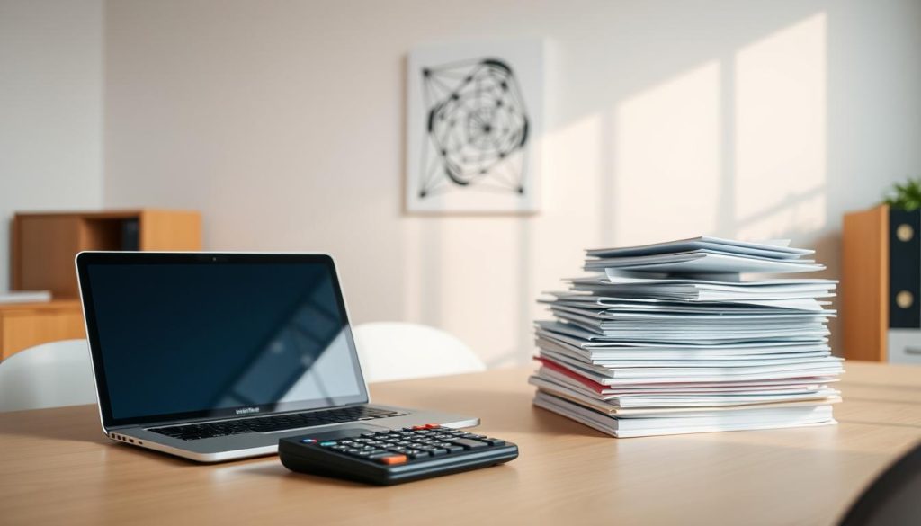 A well-organized office space, with a clean, minimalist desk showcasing a laptop, calculator, and a stack of neatly organized files. The lighting is soft and natural, casting a warm, ambient glow over the scene. In the background, a simple, uncluttered wall displays a modern, geometric-patterned artwork, hinting at a sense of order and intentionality. The overall mood is one of efficiency, practicality, and a balanced approach to budgeting and financial management.
