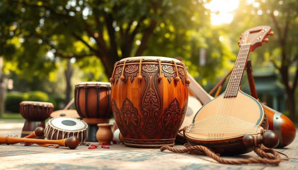 Create an artistic representation of a beautifully crafted tongue drum, prominently placed in the foreground, showcasing intricate carvings and vibrant colors. Surround the drum with a variety of global musical instruments, such as an African djembe, an Indian tabla, and a traditional Chinese guzheng, arranged harmoniously. In the background, depict a serene outdoor setting with soft dappled sunlight filtering through lush green trees, creating a warm and inviting atmosphere. Use a wide-angle lens to capture the full range of instruments, emphasizing their rich textures and details. The overall mood should evoke a sense of celebration, unity, and the beauty of world music, inviting viewers to explore the diverse sounds of different cultures.