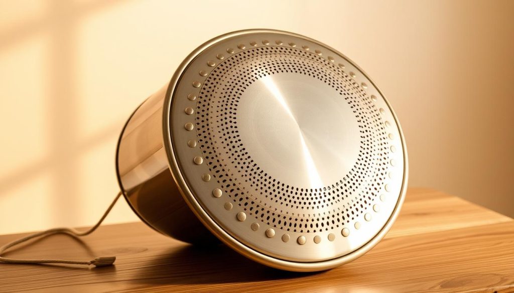A beautifully crafted Meinl Sonic Energy tongue drum, its circular surface adorned with a captivating array of tuned indentations. Warm, mellow lighting casts a soft glow, highlighting the instrument's sleek, metallic body. The drum rests on a wooden surface, its natural grains providing a subtle contrast. In the background, a serene, minimalist setting with neutral tones allows the instrument to be the focal point. The composition emphasizes the drum's elegant, resonant form, inviting the viewer to imagine the soothing, meditative tones it produces. A beautifully crafted Meinl Sonic Energy tongue drum, its circular surface adorned with a captivating array of tuned indentations. Warm, mellow lighting casts a soft glow, highlighting the instrument's sleek, metallic body. The drum rests on a wooden surface, its natural grains providing a subtle contrast. In the background, a serene, minimalist setting with neutral tones allows the instrument to be the focal point. The composition emphasizes the drum's elegant, resonant form, inviting the viewer to imagine the soothing, meditative tones it produces.