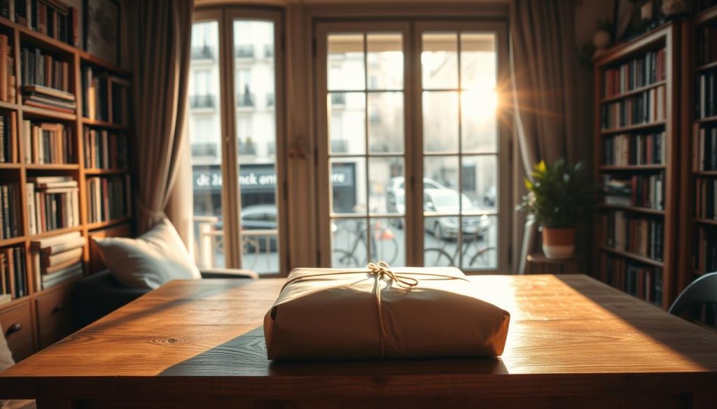 A cozy French apartment interior with a large window overlooking a bustling city street. A wooden table in the foreground holds a package wrapped in brown paper, ready for delivery. Warm, diffused lighting filters through the window, casting soft shadows across the scene. In the background, a bookshelf filled with volumes in various languages and a potted plant add depth and character to the room. The atmosphere is one of tranquility and anticipation, reflecting the care and attention given to each customer's order.