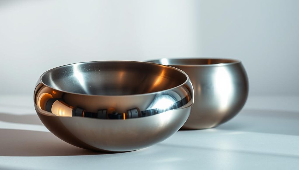 A highly polished and reflective stainless steel handpan in the foreground, capturing the light and creating a mesmerizing metallic sheen. In the middle ground, a similar handpan in a matte finish, showcasing the subtle textural details of the instrument. The background is a blurred, minimalist setting, emphasizing the focus on the handpans. The lighting is soft and directional, casting gentle shadows that accentuate the curvatures and contours of the instruments. The overall mood is one of refined simplicity and the inherent beauty of the stainless steel material.