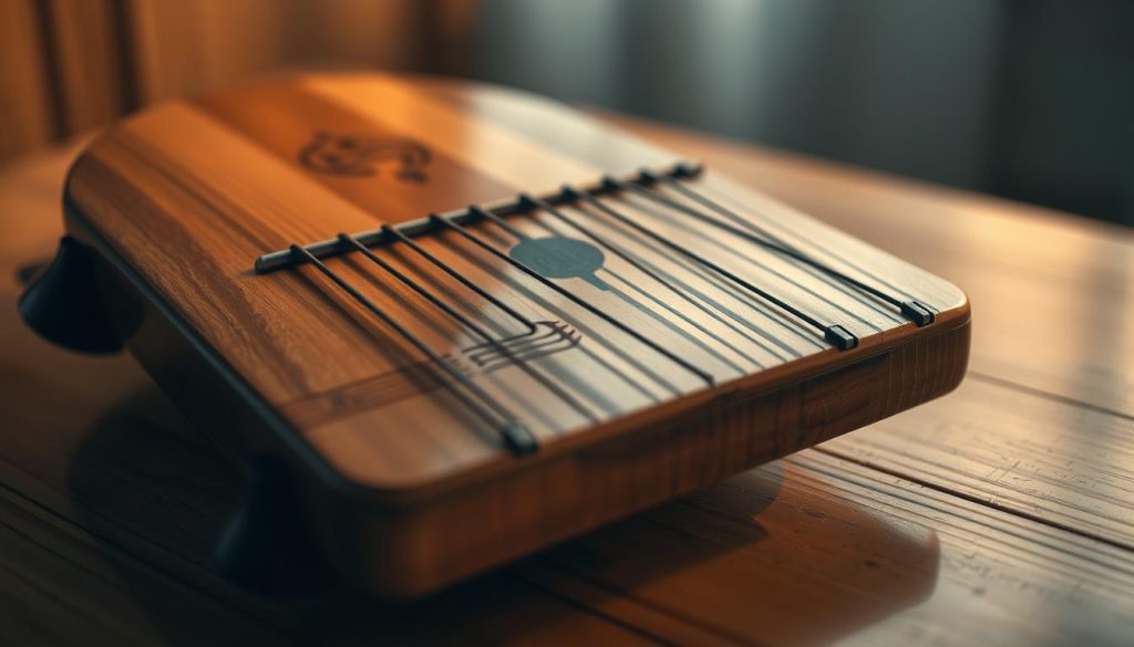A meticulously crafted tongue drum resting on a serene wooden surface, its polished surface reflecting a warm, ambient lighting. The drumhead is shown in crisp detail, showcasing its intricate grooves and the high-quality materials used in its construction. The image captures the essence of "qualité sonore" (sound quality), with a focus on the drum's construction, materials, and overall visual appeal. The lighting creates a calming, meditative atmosphere, hinting at the resonant, soothing tones the instrument is capable of producing. The background is subtly out of focus, drawing the viewer's attention to the central subject and emphasizing the craftsmanship and attention to detail that went into the drum's creation.