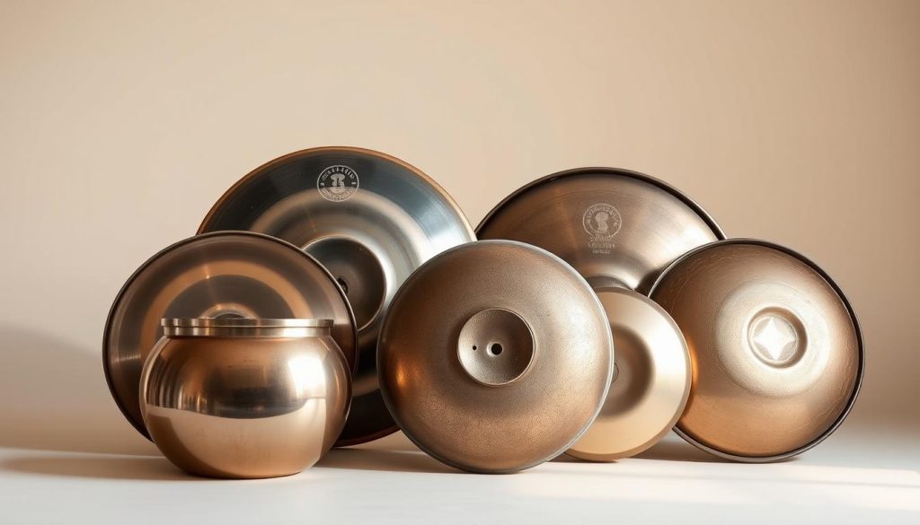 A serene and harmonious composition showcasing a collection of handpans, also known as tongue drums, against a neutral background. The handpans are arranged in a visually appealing manner, highlighting their unique shapes, textures, and metallic tones. The lighting is soft and diffused, creating a warm and inviting atmosphere that accentuates the instruments' intricate details and resonant qualities. The image conveys a sense of calm and contemplation, inviting the viewer to explore and appreciate the subtle differences and similarities between the various handpan models, as if guiding the reader through a thoughtful comparison.