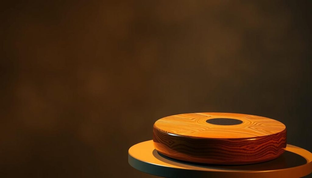 A serene, dimly lit room showcases a Sela Melody tongue drum, its intricate wooden surfaces gleaming under warm, focused lighting. The instrument sits atop a simple, minimalist table, inviting the viewer to engage with its captivating musical potential. The background is hazy, with soft, blurred textures that evoke a sense of tranquility and immersion, allowing the tongue drum to take center stage. The composition emphasizes the tactile and auditory experience of the Sela Melody, capturing the essence of its "musical experience" in a visually compelling manner.