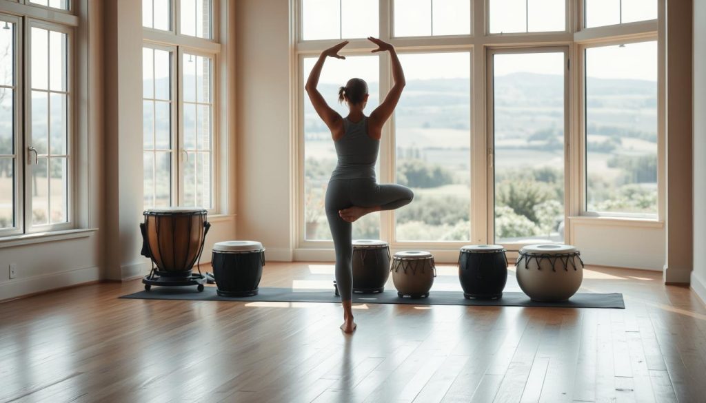 A serene yoga studio with natural light filtering through large windows, hardwood floors, and subtle earthy tones. In the foreground, a person in a flowing yoga pose, their silhouette casting a gentle shadow. The middle ground features an array of tongue drums in various sizes and colors, their surfaces textured and inviting. In the background, a tranquil landscape of rolling hills or a peaceful garden, conveying a sense of harmony and mindfulness. The overall atmosphere is one of calm, introspection, and the integration of sound therapy and physical wellness. A serene yoga studio with natural light filtering through large windows, hardwood floors, and subtle earthy tones. In the foreground, a person in a flowing yoga pose, their silhouette casting a gentle shadow. The middle ground features an array of tongue drums in various sizes and colors, their surfaces textured and inviting. In the background, a tranquil landscape of rolling hills or a peaceful garden, conveying a sense of harmony and mindfulness. The overall atmosphere is one of calm, introspection, and the integration of sound therapy and physical wellness.