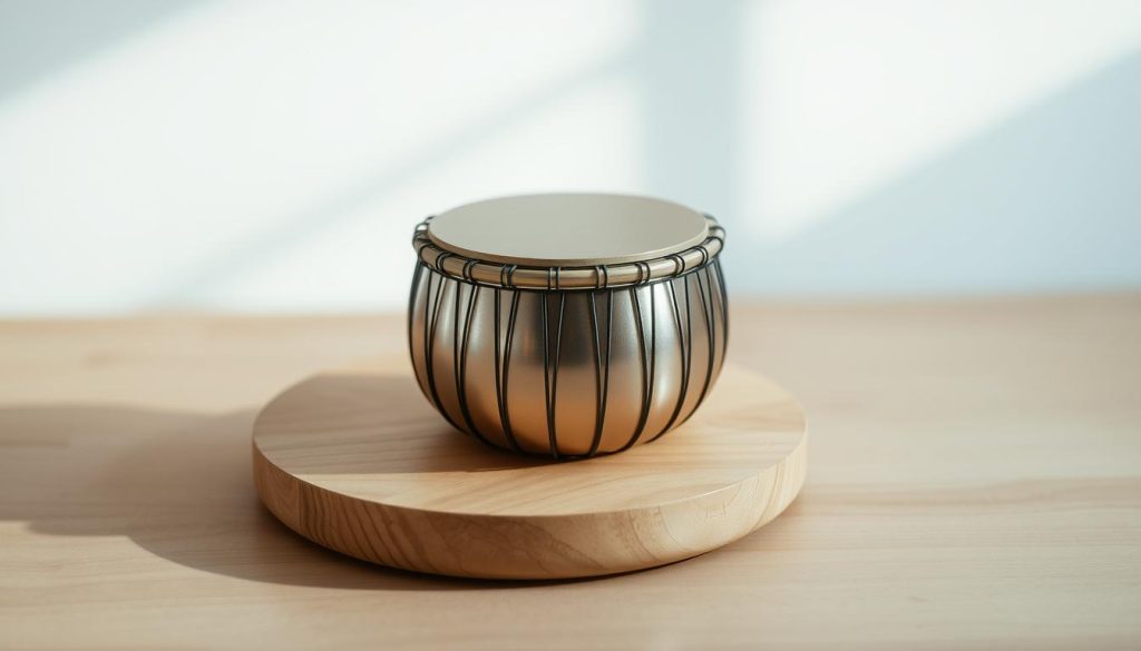 A sleek, compact 5.5-inch tongue drum in a modern, minimalist design. The instrument sits atop a smooth, natural wooden surface, its metallic tones resonating with a soothing, meditative quality. Soft, diffused lighting from above casts gentle shadows, highlighting the drum's curved, organic shape. The scene conveys a sense of balance and tranquility, inviting the viewer to imagine the calming, rhythmic sounds it would produce. The camera angle emphasizes the compact size of the "energy mini" drum, showcasing its portability and versatility for a range of musical applications. A sleek, compact 5.5-inch tongue drum in a modern, minimalist design. The instrument sits atop a smooth, natural wooden surface, its metallic tones resonating with a soothing, meditative quality. Soft, diffused lighting from above casts gentle shadows, highlighting the drum's curved, organic shape. The scene conveys a sense of balance and tranquility, inviting the viewer to imagine the calming, rhythmic sounds it would produce. The camera angle emphasizes the compact size of the "energy mini" drum, showcasing its portability and versatility for a range of musical applications.