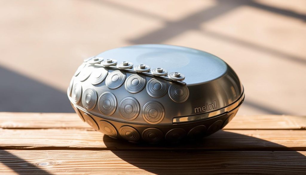 A steel tongue drum sits atop a wooden surface, its metallic discs gleaming under soft, natural lighting. The drum's intricate patterns and curved silhouette are accentuated by strategic shadows, creating a sense of depth and dimension. The background is subtly blurred, allowing the instrument to take center stage and captivate the viewer's attention. The overall composition conveys a sense of balance, harmony, and the tactile quality of the tongue drum's construction. The image aims to showcase the Meinl Sonic Energy steel tongue drum's unique design, inviting the viewer to imagine the soothing, resonant tones it produces. A steel tongue drum sits atop a wooden surface, its metallic discs gleaming under soft, natural lighting. The drum's intricate patterns and curved silhouette are accentuated by strategic shadows, creating a sense of depth and dimension. The background is subtly blurred, allowing the instrument to take center stage and captivate the viewer's attention. The overall composition conveys a sense of balance, harmony, and the tactile quality of the tongue drum's construction. The image aims to showcase the Meinl Sonic Energy steel tongue drum's unique design, inviting the viewer to imagine the soothing, resonant tones it produces.