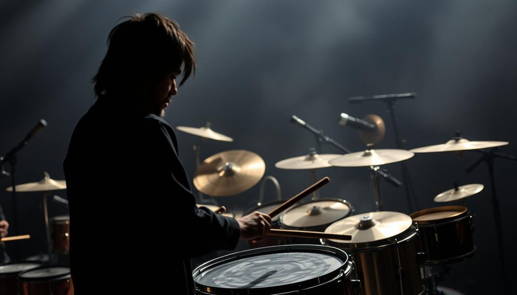 A striking metal percussion performance, with the musician wielding an array of drums, cymbals, and gongs. Dramatic lighting casts deep shadows, accentuating the rhythmic movements and the metallic textures of the instruments. The foreground features the performer in intense focus, their face half-obscured by the shadows. In the middle ground, the percussion instruments are arranged in a dynamic, asymmetrical composition, highlighting the melodic nature of the performance. The background is a moody, atmospheric setting, with hazy, metallic tones and a sense of depth and mystery, evoking the essence of "Zenko Akebono" and their captivating musical style.