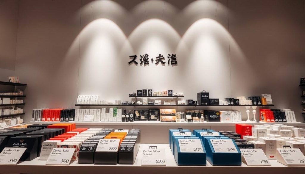A vibrant display of Zenko Akebono products, showcasing a range of pricing options. In the foreground, an array of neatly organized items, each with a clear price tag. The middle ground features a sleek, minimalist presentation, with the products illuminated by soft, directional lighting that casts subtle shadows. The background is a clean, neutral backdrop, allowing the focus to remain on the products and their pricing. The overall atmosphere conveys a sense of sophistication and attention to detail, reflecting the quality and value of the Zenko Akebono brand.