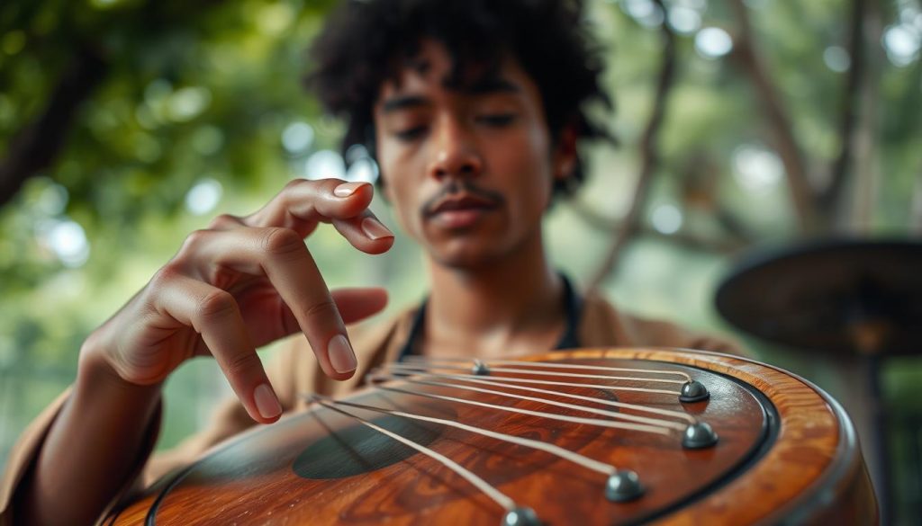 A vibrant scene of a musical experience, captured with a wide-angle lens in soft, diffused lighting. In the foreground, a musician's hands gracefully playing a tongue drum, fingers caressing the instrument's resonant tones. The middle ground features the musician's face, their expression one of deep focus and tranquility, as they are fully immersed in the creative flow. The background softly blurs into a serene, natural environment, perhaps a lush forest or a tranquil garden, suggesting a sense of harmony and connection with the surroundings. The overall atmosphere is one of introspection, mindfulness, and the pure joy of musical expression.