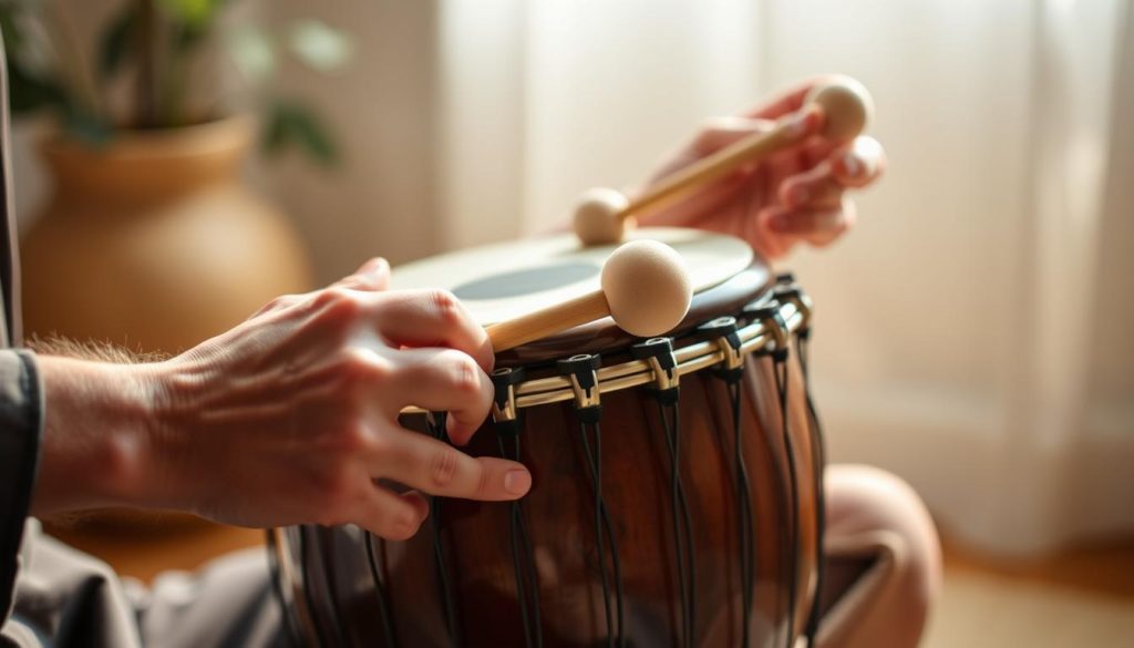 A close-up shot of a tongue drum being played with mains mailloches (soft mallets), showcasing the delicate and precise technique required for clean and comfortable performance. The drum is positioned in the middle ground, with a warm, natural-lit setting in the background, emphasizing the intimate and meditative atmosphere. The player's hands are in focus, the mailloche heads lightly striking the drum's surface, eliciting a soothing, resonant tone. The lighting is soft and diffused, creating a serene, almost ethereal ambiance that reflects the section's focus on foundational techniques for effortless tongue drum playing. A close-up shot of a tongue drum being played with mains mailloches (soft mallets), showcasing the delicate and precise technique required for clean and comfortable performance. The drum is positioned in the middle ground, with a warm, natural-lit setting in the background, emphasizing the intimate and meditative atmosphere. The player's hands are in focus, the mailloche heads lightly striking the drum's surface, eliciting a soothing, resonant tone. The lighting is soft and diffused, creating a serene, almost ethereal ambiance that reflects the section's focus on foundational techniques for effortless tongue drum playing.