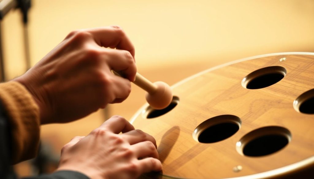 A close-up view of a performer's hands skillfully playing a tongue drum, with soft, mallet-like drumsticks. The hands are shown in the foreground, providing a tactile, textural focus. In the middle ground, the tongue drum's wooden surface and intricate sound holes are visible, hinting at the rich, resonant tones produced. The background is softly blurred, suggesting a serene, intimate performance setting, perhaps on a stage or in a recording studio. The lighting is warm and natural, accentuating the organic, handcrafted nature of the instrument and the performer's gestures. The overall mood evokes a sense of focused concentration, musicality, and the tactile experience of playing this unique percussive instrument. A close-up view of a performer's hands skillfully playing a tongue drum, with soft, mallet-like drumsticks. The hands are shown in the foreground, providing a tactile, textural focus. In the middle ground, the tongue drum's wooden surface and intricate sound holes are visible, hinting at the rich, resonant tones produced. The background is softly blurred, suggesting a serene, intimate performance setting, perhaps on a stage or in a recording studio. The lighting is warm and natural, accentuating the organic, handcrafted nature of the instrument and the performer's gestures. The overall mood evokes a sense of focused concentration, musicality, and the tactile experience of playing this unique percussive instrument.