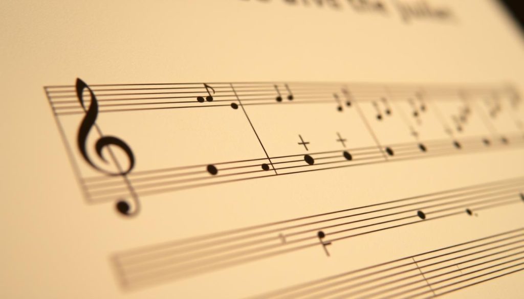 A detailed, high-resolution sheet music notation of a tongue drum score, with a focus on the treble clef. The notation should clearly depict the rhythm, pitch, and dynamics of an 8-note musical phrase, rendered in a clean, minimalist style with a warm, earthy color palette. The background should be a subtle gradient, allowing the musical elements to take center stage. The lighting should be soft and diffused, creating a sense of depth and emphasizing the intricate details of the notation. The perspective should be slightly angled, providing a natural, comfortable viewing angle. The overall composition should convey a sense of clarity and ease of understanding, reflecting the section title "Comprendre la notation des partitions de tongue drum pour aller vite". A detailed, high-resolution sheet music notation of a tongue drum score, with a focus on the treble clef. The notation should clearly depict the rhythm, pitch, and dynamics of an 8-note musical phrase, rendered in a clean, minimalist style with a warm, earthy color palette. The background should be a subtle gradient, allowing the musical elements to take center stage. The lighting should be soft and diffused, creating a sense of depth and emphasizing the intricate details of the notation. The perspective should be slightly angled, providing a natural, comfortable viewing angle. The overall composition should convey a sense of clarity and ease of understanding, reflecting the section title "Comprendre la notation des partitions de tongue drum pour aller vite".