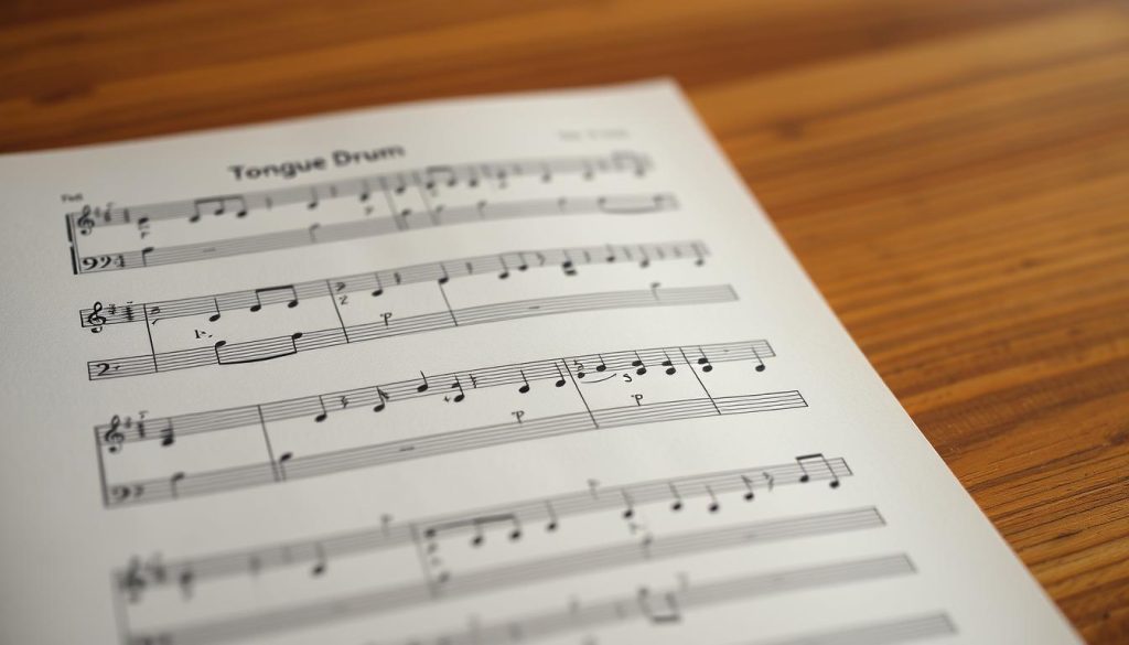 A detailed sheet music for a tongue drum, displayed on a wooden surface with a warm, natural lighting. The notes are clearly visible, with a focus on the staff, clef, and time signature. The background is blurred, emphasizing the partition and creating a sense of depth. The image conveys a serene, educational atmosphere, suitable for a tutorial on understanding tongue drum sheet music. A detailed sheet music for a tongue drum, displayed on a wooden surface with a warm, natural lighting. The notes are clearly visible, with a focus on the staff, clef, and time signature. The background is blurred, emphasizing the partition and creating a sense of depth. The image conveys a serene, educational atmosphere, suitable for a tutorial on understanding tongue drum sheet music.