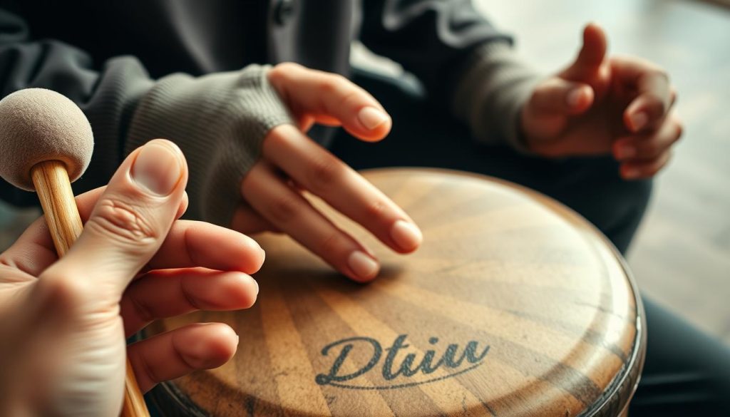 A high-angle, close-up shot of a variety of handheld percussion instruments used for playing the tongue drum. In the foreground, a pair of wooden mallets with soft, padded heads, held in an expressive, performative grip. In the middle ground, a set of fingers delicately plucking and tapping the surface of the tongue drum, exploring its range of tones and textures. In the background, a set of protective gloves or finger coverings, suggesting the importance of technique and touch when playing this instrument. The lighting is soft and natural, highlighting the organic, handcrafted quality of the tools and the skilled, tactile nature of the performance. The overall mood is one of focus, subtlety, and the joy of musical exploration. A high-angle, close-up shot of a variety of handheld percussion instruments used for playing the tongue drum. In the foreground, a pair of wooden mallets with soft, padded heads, held in an expressive, performative grip. In the middle ground, a set of fingers delicately plucking and tapping the surface of the tongue drum, exploring its range of tones and textures. In the background, a set of protective gloves or finger coverings, suggesting the importance of technique and touch when playing this instrument. The lighting is soft and natural, highlighting the organic, handcrafted quality of the tools and the skilled, tactile nature of the performance. The overall mood is one of focus, subtlety, and the joy of musical exploration.