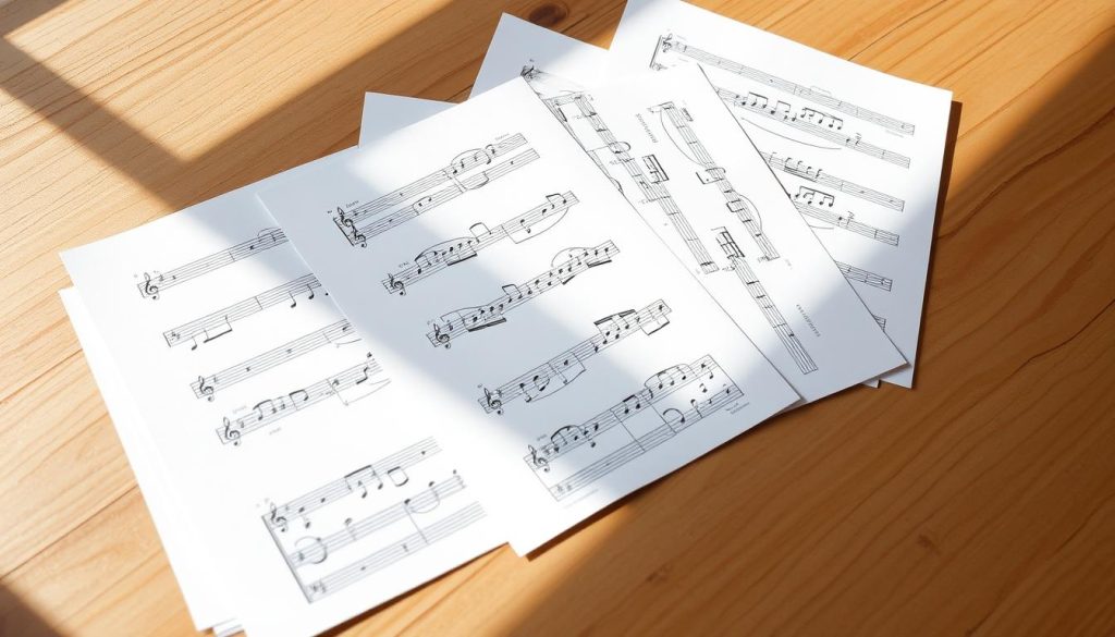 A neatly organized set of handwritten musical notations, resembling partitions or sheet music, resting on a wooden surface. The partitions are displayed in a clean, minimalist layout, with a focus on the elegant curves and precise placement of the notes. The lighting is natural, casting soft shadows that add depth and dimension to the scene. The camera angle is slightly elevated, providing a clear, unobstructed view of the partitions. The overall mood is one of simplicity, focus, and artistic expression, befitting the "Créer vos propres partitions: guide complet pour débutants" section. A neatly organized set of handwritten musical notations, resembling partitions or sheet music, resting on a wooden surface. The partitions are displayed in a clean, minimalist layout, with a focus on the elegant curves and precise placement of the notes. The lighting is natural, casting soft shadows that add depth and dimension to the scene. The camera angle is slightly elevated, providing a clear, unobstructed view of the partitions. The overall mood is one of simplicity, focus, and artistic expression, befitting the "Créer vos propres partitions: guide complet pour débutants" section.