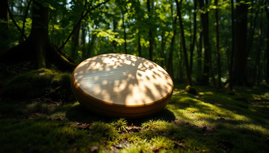 A rhythmic tongue drum surrounded by a lush, verdant forest. The instrument lies on a mossy, earthy ground, its wooden surface reflecting the dappled sunlight filtering through the canopy above. Warm, soft shadows cast intricate patterns across the drum, creating a serene, meditative atmosphere. The perspective is slightly elevated, allowing the viewer to appreciate the harmony between the natural setting and the elegant, hand-crafted drum. Gentle textures and a muted, earthy color palette evoke a sense of mindfulness and the flow of time. The lighting is soft and diffused, encouraging a contemplative mood as one imagines the soothing, resonant tones emanating from the drum. A rhythmic tongue drum surrounded by a lush, verdant forest. The instrument lies on a mossy, earthy ground, its wooden surface reflecting the dappled sunlight filtering through the canopy above. Warm, soft shadows cast intricate patterns across the drum, creating a serene, meditative atmosphere. The perspective is slightly elevated, allowing the viewer to appreciate the harmony between the natural setting and the elegant, hand-crafted drum. Gentle textures and a muted, earthy color palette evoke a sense of mindfulness and the flow of time. The lighting is soft and diffused, encouraging a contemplative mood as one imagines the soothing, resonant tones emanating from the drum.