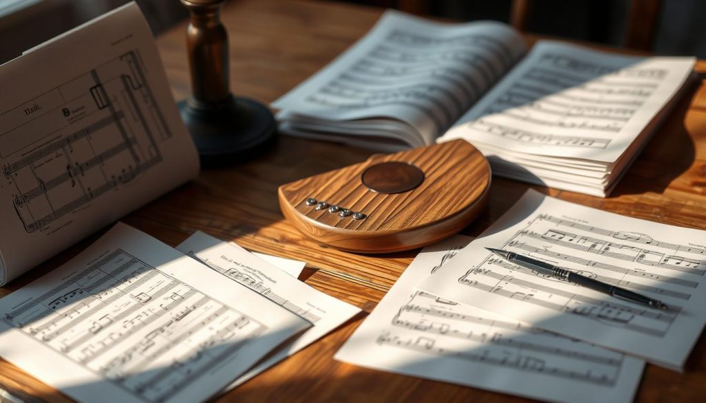 A serene and inviting scene of a wooden table, softly lit from above, showcasing a collection of sheet music and a tongue drum. The sheet music pages appear crisp and organized, hinting at a wealth of reliable and free musical scores. The tongue drum sits prominently in the middle, its intricate design and muted tones complementing the overall atmosphere. Subtle shadows and gentle highlights accentuate the textures and details, creating a sense of depth and focus. The background is slightly blurred, allowing the musical elements to take center stage and inspire the viewer to explore the available resources for their tongue drum compositions. A serene and inviting scene of a wooden table, softly lit from above, showcasing a collection of sheet music and a tongue drum. The sheet music pages appear crisp and organized, hinting at a wealth of reliable and free musical scores. The tongue drum sits prominently in the middle, its intricate design and muted tones complementing the overall atmosphere. Subtle shadows and gentle highlights accentuate the textures and details, creating a sense of depth and focus. The background is slightly blurred, allowing the musical elements to take center stage and inspire the viewer to explore the available resources for their tongue drum compositions.