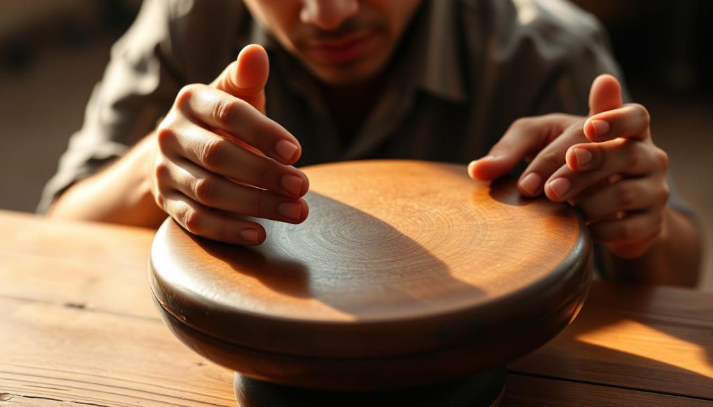 A skilled musician playing a tongue drum, their hands moving with graceful precision as they explore the instrument's resonant tones. The drum rests on a wooden surface, the warm lighting casting subtle shadows that accentuate the textures of the drum's surface. The player's face is partially obscured, focusing the viewer's attention on the intricate finger movements and the nuanced expression of the performance. The background is softly blurred, drawing the eye to the central action and creating a sense of intimacy and focus. A skilled musician playing a tongue drum, their hands moving with graceful precision as they explore the instrument's resonant tones. The drum rests on a wooden surface, the warm lighting casting subtle shadows that accentuate the textures of the drum's surface. The player's face is partially obscured, focusing the viewer's attention on the intricate finger movements and the nuanced expression of the performance. The background is softly blurred, drawing the eye to the central action and creating a sense of intimacy and focus.