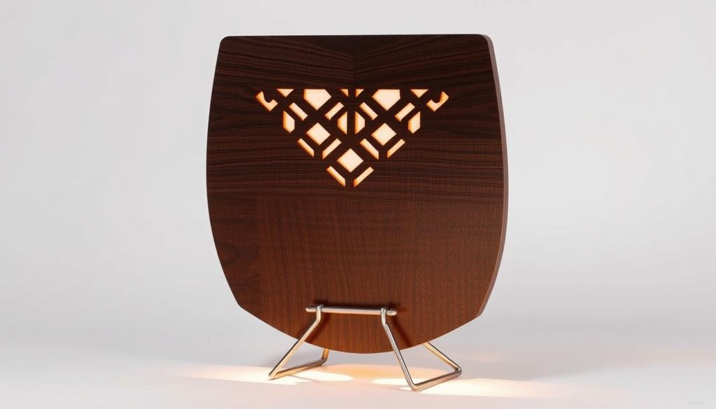 A sleek and modern hand-crafted tongue drum made of dark-stained wood, with an intricate, geometric pattern of carved cutouts on the surface. The instrument is backlit, casting soft, warm lighting that highlights the natural grain and texture of the wood. The drum is positioned on a minimalist, metal stand, allowing it to be displayed prominently. The background is a clean, studio-like setting, with a white backdrop that emphasizes the drum's design and craftsmanship. The overall mood is one of refined simplicity, inviting the viewer to appreciate the instrument's elegant form and carefully considered details. A sleek and modern hand-crafted tongue drum made of dark-stained wood, with an intricate, geometric pattern of carved cutouts on the surface. The instrument is backlit, casting soft, warm lighting that highlights the natural grain and texture of the wood. The drum is positioned on a minimalist, metal stand, allowing it to be displayed prominently. The background is a clean, studio-like setting, with a white backdrop that emphasizes the drum's design and craftsmanship. The overall mood is one of refined simplicity, inviting the viewer to appreciate the instrument's elegant form and carefully considered details.