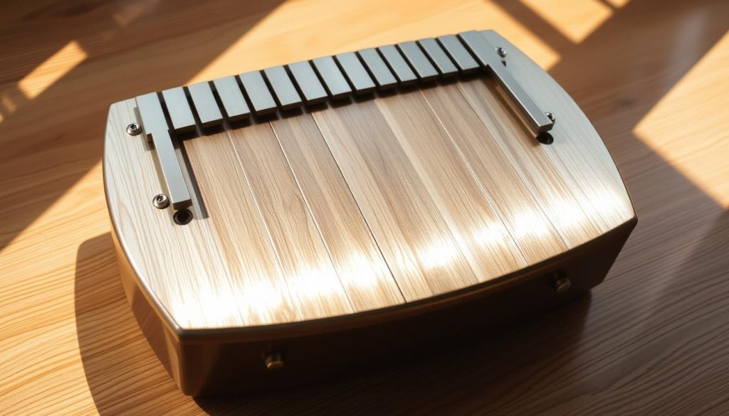 A stunning partitioned tongue drum resting on a wooden surface, bathed in warm, natural lighting. The instrument's gleaming metallic panels, strategically arranged to produce a mesmerizing 11-note scale, invite the viewer to imagine the rich, resonant tones it could create. The drum's clean, minimalist design is accentuated by the soft shadows and highlights, giving it a serene, contemplative presence. The overall composition exudes a sense of harmony and musicality, perfectly capturing the essence of the "Partitions 11 notes pour tongue drum : élargir le jeu" section. A stunning partitioned tongue drum resting on a wooden surface, bathed in warm, natural lighting. The instrument's gleaming metallic panels, strategically arranged to produce a mesmerizing 11-note scale, invite the viewer to imagine the rich, resonant tones it could create. The drum's clean, minimalist design is accentuated by the soft shadows and highlights, giving it a serene, contemplative presence. The overall composition exudes a sense of harmony and musicality, perfectly capturing the essence of the "Partitions 11 notes pour tongue drum : élargir le jeu" section.