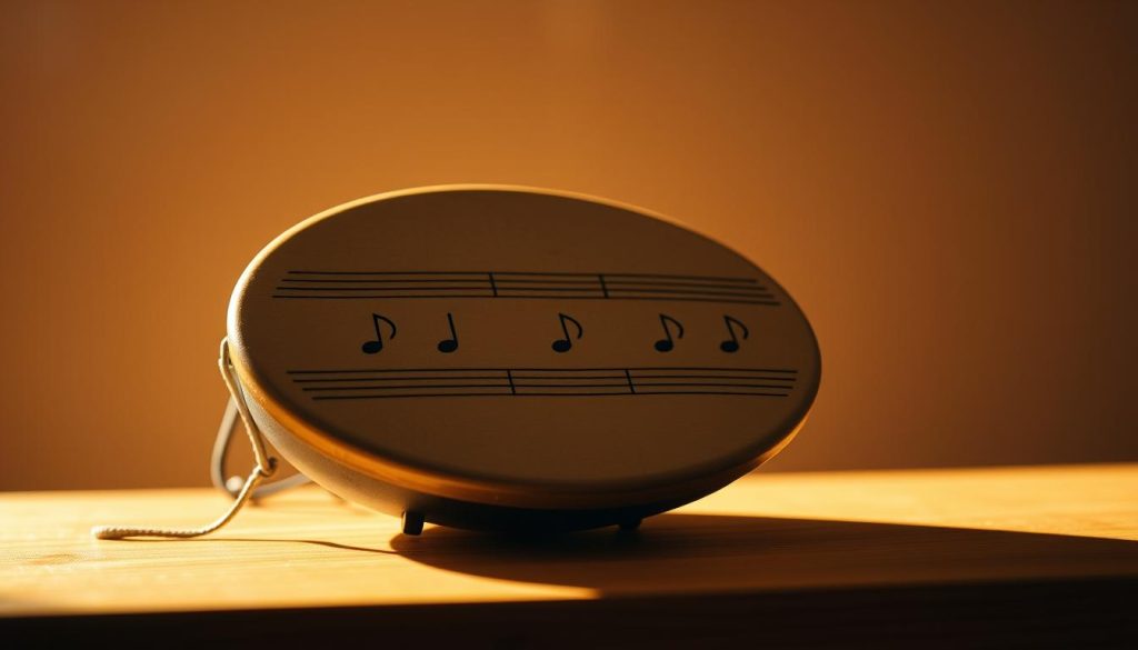 Prompt A close-up view of a tongue drum, its surface adorned with a rhythmic pattern of 8 evenly spaced notes. The drum is positioned on a wooden surface, bathed in warm, directional lighting that casts subtle shadows, emphasizing the texture and grain of the instrument. In the background, a blurred, neutral backdrop provides a minimalist, studio-like setting, allowing the tongue drum to be the central focus. The overall atmosphere conveys a sense of focus, discipline, and the pursuit of mastery in rhythm and music. Prompt A close-up view of a tongue drum, its surface adorned with a rhythmic pattern of 8 evenly spaced notes. The drum is positioned on a wooden surface, bathed in warm, directional lighting that casts subtle shadows, emphasizing the texture and grain of the instrument. In the background, a blurred, neutral backdrop provides a minimalist, studio-like setting, allowing the tongue drum to be the central focus. The overall atmosphere conveys a sense of focus, discipline, and the pursuit of mastery in rhythm and music.