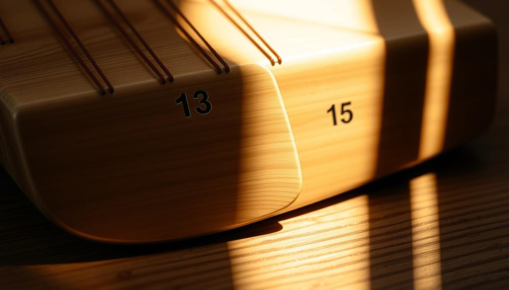 A close-up shot of a tongue drum with two adjacent partitions labeled "13" and "15", illuminated by soft, warm lighting that casts gentle shadows. The drum is placed on a wooden surface, with a peaceful, meditative atmosphere. The partitions are depicted in intricate detail, showcasing the subtle grooves and textures that define the instrument's unique tonal qualities. The image captures the essence of the "Bien démarrer la lecture des partitions de tongue drum" section, inviting the viewer to explore the nuances of this captivating percussion instrument. A close-up shot of a tongue drum with two adjacent partitions labeled "13" and "15", illuminated by soft, warm lighting that casts gentle shadows. The drum is placed on a wooden surface, with a peaceful, meditative atmosphere. The partitions are depicted in intricate detail, showcasing the subtle grooves and textures that define the instrument's unique tonal qualities. The image captures the essence of the "Bien démarrer la lecture des partitions de tongue drum" section, inviting the viewer to explore the nuances of this captivating percussion instrument.