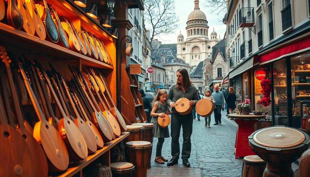 A cozy Parisian music shop, illuminated by warm lighting, displays an array of tongue drums in the foreground. The instruments are showcased on wooden shelves, their natural tones and textures inviting exploration. In the middle ground, a knowledgeable shopkeeper assists a family with selecting the perfect tongue drum, guiding them through the options and demonstrating the soothing, resonant tones. The background depicts a bustling Montmartre street, with cobblestone roads, charming cafes, and the iconic Sacré-Cœur Basilica in the distance, setting the quintessential French scene. A cozy Parisian music shop, illuminated by warm lighting, displays an array of tongue drums in the foreground. The instruments are showcased on wooden shelves, their natural tones and textures inviting exploration. In the middle ground, a knowledgeable shopkeeper assists a family with selecting the perfect tongue drum, guiding them through the options and demonstrating the soothing, resonant tones. The background depicts a bustling Montmartre street, with cobblestone roads, charming cafes, and the iconic Sacré-Cœur Basilica in the distance, setting the quintessential French scene.