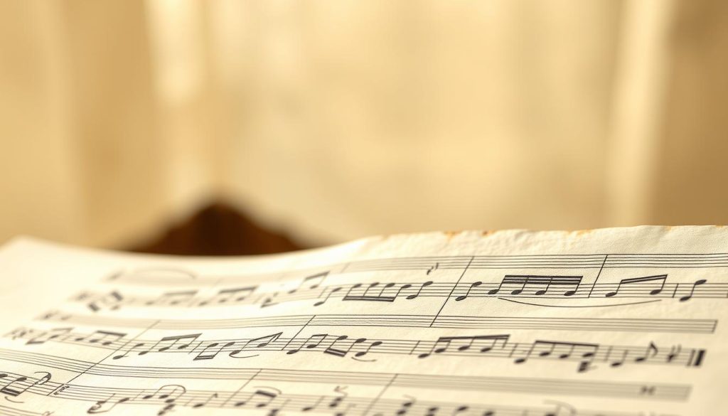 A detailed close-up view of tongue drum sheet music with crisp, high-resolution clarity. The partitions appear in the foreground, presented against a softly blurred, subtly textured background that suggests a serene, tranquil environment. The staves, notes, and rhythmic patterns are rendered with meticulous precision, allowing the viewer to clearly discern the musical notation. Warm, natural lighting gently illuminates the scene, creating a sense of depth and dimension. The composition is balanced, drawing the eye directly to the central focus of the sheet music, inviting the viewer to engage with and interpret the musical information presented.