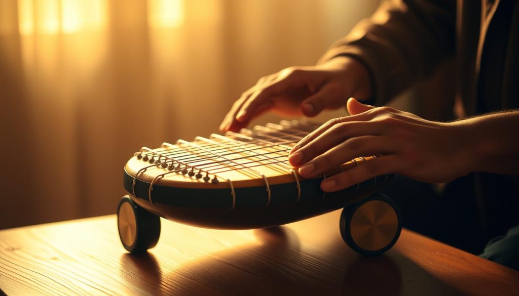 A musician's hands gently striking a tongue drum, the rhythmic patterns flowing in a meditative routine. The drum sits atop a wooden table, bathed in warm, golden lighting that casts soft shadows. The background is blurred, focusing the viewer's attention on the careful, practiced motions of the performer. The overall scene conveys a sense of focus, discipline, and the tranquil progression of daily practice towards musical mastery.