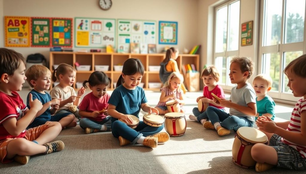 A peaceful, sun-lit classroom with young children engaged in a musical activity. In the foreground, a group of kids sitting cross-legged on the floor, joyfully playing hand drums and shakers, their expressions filled with concentration and delight. In the middle ground, a teacher gently guides them, demonstrating techniques and encouraging their exploration of rhythm and melody. The background features colorful educational posters, shelves of books, and natural light streaming through large windows, creating a warm, nurturing environment. The overall scene conveys a sense of learning, creativity, and the developmental benefits of musical play for young minds. A peaceful, sun-lit classroom with young children engaged in a musical activity. In the foreground, a group of kids sitting cross-legged on the floor, joyfully playing hand drums and shakers, their expressions filled with concentration and delight. In the middle ground, a teacher gently guides them, demonstrating techniques and encouraging their exploration of rhythm and melody. The background features colorful educational posters, shelves of books, and natural light streaming through large windows, creating a warm, nurturing environment. The overall scene conveys a sense of learning, creativity, and the developmental benefits of musical play for young minds.