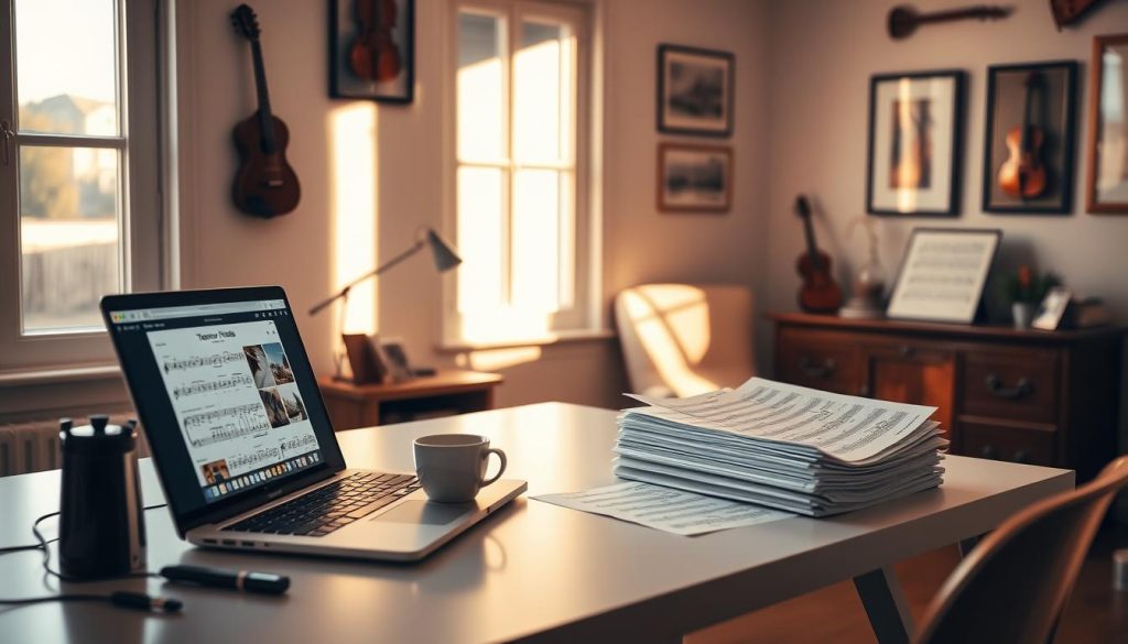 A serene and well-lit home office setting, with a clean, minimalist desk featuring a laptop, a cup of coffee, and a stack of sheet music. The laptop screen displays a website showcasing a diverse selection of musical scores, focusing on the "Trouver partitions" section. The room is bathed in warm, natural light, creating a cozy and inviting atmosphere. The walls are adorned with framed musical instruments, creating a harmonious and inspirational environment for the creative task at hand. A serene and well-lit home office setting, with a clean, minimalist desk featuring a laptop, a cup of coffee, and a stack of sheet music. The laptop screen displays a website showcasing a diverse selection of musical scores, focusing on the "Trouver partitions" section. The room is bathed in warm, natural light, creating a cozy and inviting atmosphere. The walls are adorned with framed musical instruments, creating a harmonious and inspirational environment for the creative task at hand.