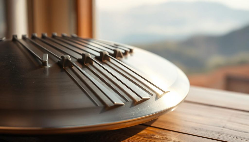 A steel tongue drum resting on a wooden table, its metallic surface gleaming under soft, natural lighting. The instrument's ribs and tuned tongues create a mesmerizing visual rhythm, echoing the flowing, measured tempo of its soothing tones. In the background, a blurred, ethereal landscape hints at the tranquil, meditative atmosphere evoked by the drum's resonant harmonies. The overall composition conveys a sense of balance, precision, and the timeless qualities of this unique percussive instrument. A steel tongue drum resting on a wooden table, its metallic surface gleaming under soft, natural lighting. The instrument's ribs and tuned tongues create a mesmerizing visual rhythm, echoing the flowing, measured tempo of its soothing tones. In the background, a blurred, ethereal landscape hints at the tranquil, meditative atmosphere evoked by the drum's resonant harmonies. The overall composition conveys a sense of balance, precision, and the timeless qualities of this unique percussive instrument.