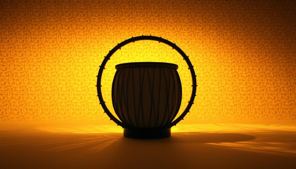 A visually striking tongue drum pattern unfolds against a softly diffused backdrop. In the foreground, the intricate rhythmic motif takes center stage, with the drum's tones and textures rendered in vivid detail. The middle ground showcases the drum's minimalist silhouette, bathed in warm, directional lighting that accentuates its organic form. In the background, a subtly patterned, ethereal environment evokes a sense of tranquility and focus, allowing the rhythmic patterns to take precedence. The overall composition conveys a meditative, contemplative mood, well-suited to illustrate the "Plans détaillés de trois patterns clés avec BPM conseillés" section of the article.