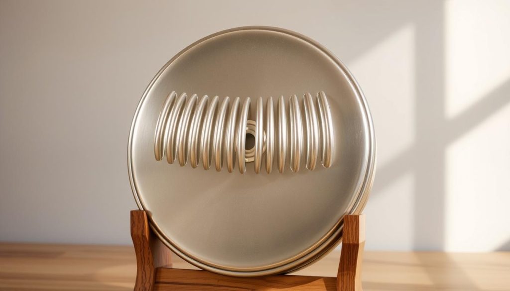 A well-crafted, durable tongue drum made of polished steel sits securely on a sturdy wooden stand, its metallic surface gleaming under warm, natural lighting. The instrument's intricate pattern of grooves and ridges creates a mesmerizing visual texture, inviting tactile exploration. In the background, a serene, minimalist setting with muted tones emphasizes the drum's design and materiality. The overall composition conveys a sense of quality, functionality, and understated elegance, perfectly suited to showcase the tongue drum's role in creating soothing, meditative musical experiences for children and families. A well-crafted, durable tongue drum made of polished steel sits securely on a sturdy wooden stand, its metallic surface gleaming under warm, natural lighting. The instrument's intricate pattern of grooves and ridges creates a mesmerizing visual texture, inviting tactile exploration. In the background, a serene, minimalist setting with muted tones emphasizes the drum's design and materiality. The overall composition conveys a sense of quality, functionality, and understated elegance, perfectly suited to showcase the tongue drum's role in creating soothing, meditative musical experiences for children and families.