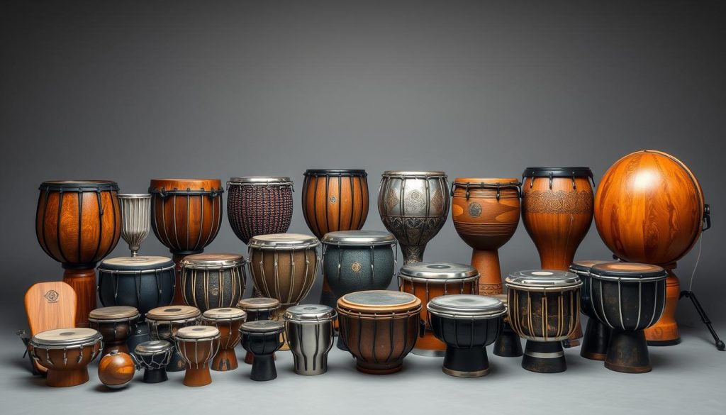 A well-lit studio shot of an assortment of steel tongue drums, arranged for comparison. The drums are positioned at different angles, showcasing their unique shapes, sizes, and finishes. The foreground features a selection of smaller, beginner-friendly models in a variety of colors, including wooden and metallic variants. The middle ground displays more advanced, professional-grade tongue drums with intricate patterns and textures. In the background, a neutral gray backdrop allows the instruments to take center stage, highlighting their visual appeal and tonal qualities. The lighting is soft and directional, casting subtle shadows that accentuate the drums' contours and details. An atmosphere of exploration and musical discovery pervades the scene. A well-lit studio shot of an assortment of steel tongue drums, arranged for comparison. The drums are positioned at different angles, showcasing their unique shapes, sizes, and finishes. The foreground features a selection of smaller, beginner-friendly models in a variety of colors, including wooden and metallic variants. The middle ground displays more advanced, professional-grade tongue drums with intricate patterns and textures. In the background, a neutral gray backdrop allows the instruments to take center stage, highlighting their visual appeal and tonal qualities. The lighting is soft and directional, casting subtle shadows that accentuate the drums' contours and details. An atmosphere of exploration and musical discovery pervades the scene.