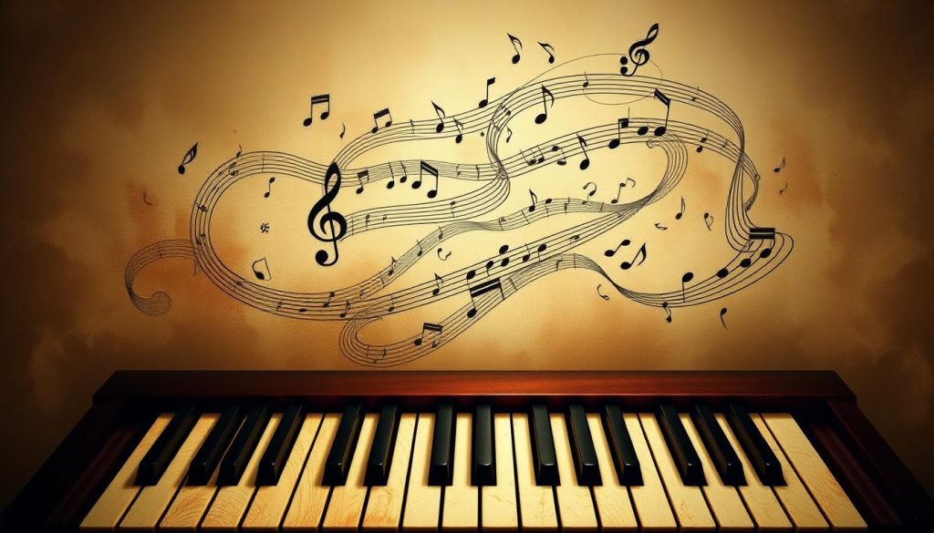 Detailed digital artwork depicting visual musical partitions, with a focus on a central piano keyboard layout surrounded by swirling musical notes and symbols. The composition should have a sense of depth, with the keyboard in the foreground, abstract musical elements in the middle ground, and a soft, muted background. Use warm, earthy tones to convey a meditative, educational atmosphere. Ensure the image emphasizes the concept of "visual memory" and the process of learning musical patterns, without any distracting text or captions.