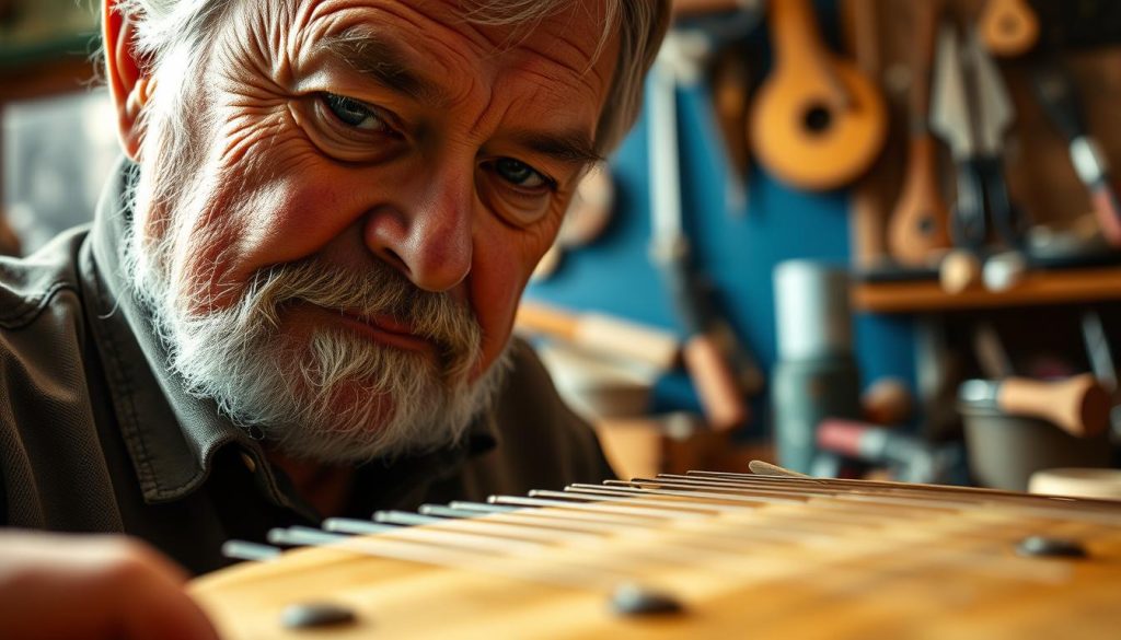 A close-up portrait of Dennis Havlena, a renowned tongue drum maker, against a backdrop of his workshop. Havlena's weathered face is illuminated by warm, natural lighting, capturing his focused expression as he examines a handcrafted tongue drum. The foreground showcases the intricate details of the instrument, its smooth, polished surface and precisely tuned tines. The middle ground reveals an array of tools and materials, hinting at the meticulous craftsmanship involved in the tongue drum's creation. The background is softly blurred, suggesting the cozy, creative atmosphere of Havlena's studio, where the history and evolution of this unique percussion instrument are brought to life. A close-up portrait of Dennis Havlena, a renowned tongue drum maker, against a backdrop of his workshop. Havlena's weathered face is illuminated by warm, natural lighting, capturing his focused expression as he examines a handcrafted tongue drum. The foreground showcases the intricate details of the instrument, its smooth, polished surface and precisely tuned tines. The middle ground reveals an array of tools and materials, hinting at the meticulous craftsmanship involved in the tongue drum's creation. The background is softly blurred, suggesting the cozy, creative atmosphere of Havlena's studio, where the history and evolution of this unique percussion instrument are brought to life.