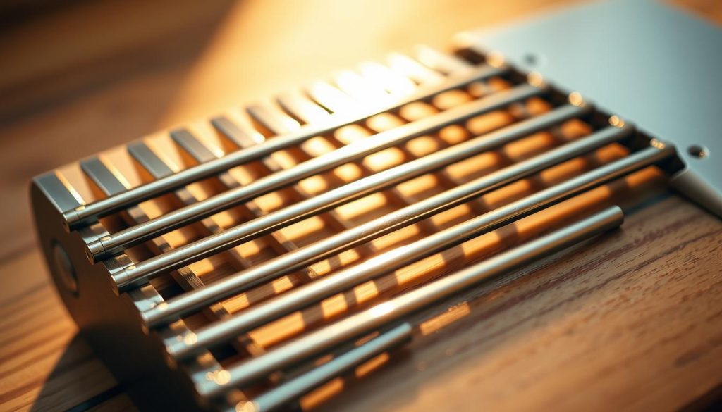 A close-up view of a tongue drum, its metal tongues arranged in a precise chromatic scale, shimmering under soft, warm lighting. The drum rests on a wooden surface, the grain and texture of the wood adding depth and tactility to the scene. The tongues, carefully tuned and polished, reflect the light, creating a mesmerizing play of shadows and highlights that accentuate the instrument's intricate design. The composition focuses on the drum's face, allowing the viewer to appreciate the details that determine its unique tonal qualities and musical potential. A close-up view of a tongue drum, its metal tongues arranged in a precise chromatic scale, shimmering under soft, warm lighting. The drum rests on a wooden surface, the grain and texture of the wood adding depth and tactility to the scene. The tongues, carefully tuned and polished, reflect the light, creating a mesmerizing play of shadows and highlights that accentuate the instrument's intricate design. The composition focuses on the drum's face, allowing the viewer to appreciate the details that determine its unique tonal qualities and musical potential.