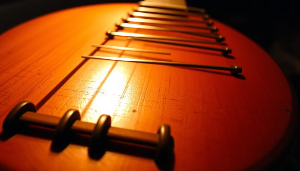 A close-up view of a tongue drum, its polished wooden surface reflecting the warm glow of soft, directional lighting. The instrument's tonal bars are arranged in a symmetrical, musical pattern, inviting interaction and exploration. The background is subtly blurred, allowing the focus to remain on the intricately carved drum, its subtle textures and natural grain visible. The overall atmosphere is one of tranquility and contemplation, capturing the essence of the "Gammes, fréquences et tonalités" section of the online tongue drum lesson article.