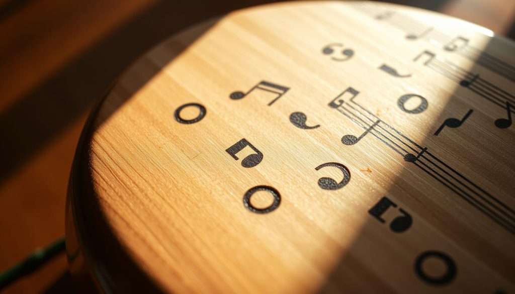 A close-up view of a tongue drum, its wooden surface etched with the distinct patterns of musical notes. The instrument is bathed in warm, natural lighting, casting gentle shadows that accentuate its organic curves. The drum's resonant chamber is visible, hinting at the rich, soothing tones it can produce. The composition focuses on the details of the instrument, highlighting the intricate arrangement of the note markings and the smooth, tactile quality of the wood. The overall atmosphere is one of serenity and musical exploration, inviting the viewer to imagine the melodic possibilities of this unique percussive instrument. A close-up view of a tongue drum, its wooden surface etched with the distinct patterns of musical notes. The instrument is bathed in warm, natural lighting, casting gentle shadows that accentuate its organic curves. The drum's resonant chamber is visible, hinting at the rich, soothing tones it can produce. The composition focuses on the details of the instrument, highlighting the intricate arrangement of the note markings and the smooth, tactile quality of the wood. The overall atmosphere is one of serenity and musical exploration, inviting the viewer to imagine the melodic possibilities of this unique percussive instrument.