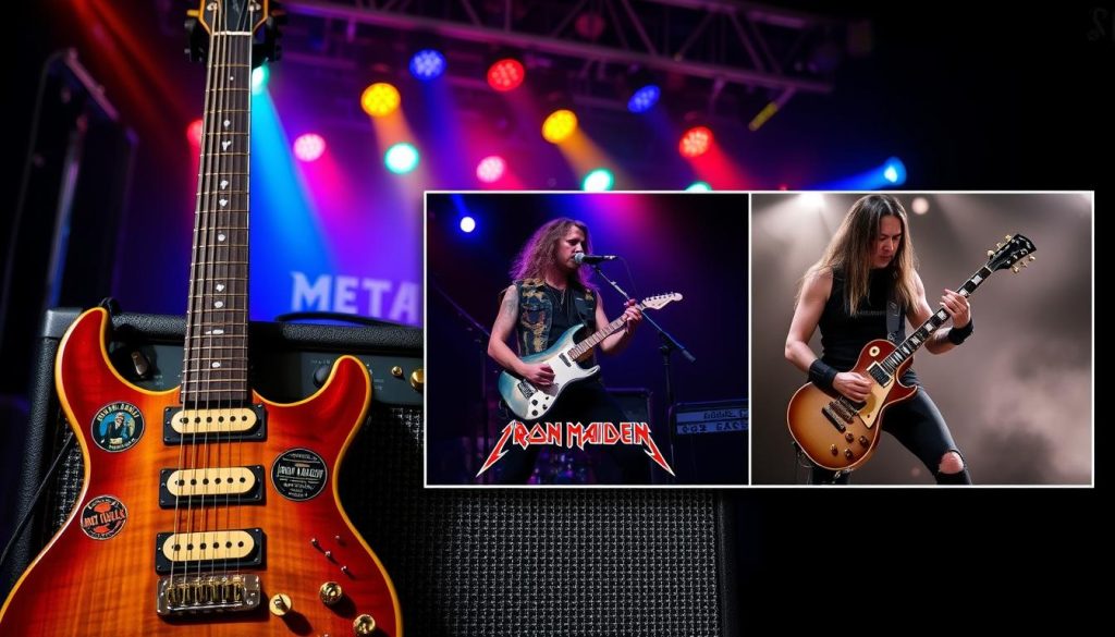 A collage of musical elements representing different metal styles. In the foreground, a classic electric guitar with a sleek design rests against an amplifier, adorned with band stickers showcasing iconic names like Metallica and Iron Maiden. In the middle ground, contrasting snippets of imagery depict musicians in professional attire passionately engaged in playing heavy metal and hard rock, with long hair and distinctive fashion. In the background, an atmospheric stage setting with colorful LED lights and fog, indicating a live performance. The lighting is dynamic, emphasizing the mood of energy and intensity typical in metal music. The overall ambiance evokes a sense of excitement and nostalgia, capturing the essence of hard rock, heavy metal, and modern metal sounds. A collage of musical elements representing different metal styles. In the foreground, a classic electric guitar with a sleek design rests against an amplifier, adorned with band stickers showcasing iconic names like Metallica and Iron Maiden. In the middle ground, contrasting snippets of imagery depict musicians in professional attire passionately engaged in playing heavy metal and hard rock, with long hair and distinctive fashion. In the background, an atmospheric stage setting with colorful LED lights and fog, indicating a live performance. The lighting is dynamic, emphasizing the mood of energy and intensity typical in metal music. The overall ambiance evokes a sense of excitement and nostalgia, capturing the essence of hard rock, heavy metal, and modern metal sounds.