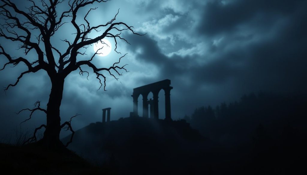 A dark, atmospheric scene inspired by Black Sabbath's iconic imagery, featuring a haunting landscape shrouded in mist. In the foreground, a gnarled tree with twisted branches resembles skeletal fingers reaching towards a brooding sky. The middle ground showcases shadowy, arched silhouettes of ancient ruins, partially obscured by swirling fog, evoking a sense of mystery and the occult. In the background, a deep, ominous forest looms, illuminated by an eerie, diffused moonlight filtering through heavy clouds. The color palette consists of deep blacks, greys, and hints of dark purples, creating a moody, heavy atmosphere. The scene conveys themes of horror and the supernatural, capturing the essence of an era that melds reality with the darker sides of existence. Use a cinematic lens to enhance depth and texture, bringing a sense of foreboding to the composition.