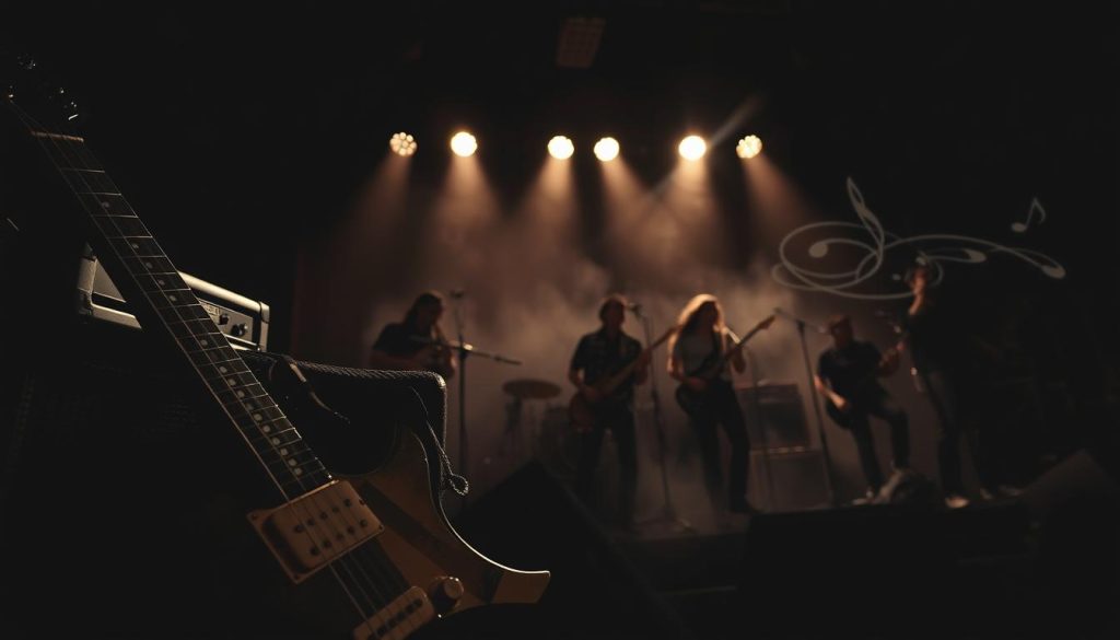 A dark, moody scene capturing the essence of Black Sabbath's musical language. In the foreground, a vintage electric guitar rests against an amplifier, its strings vibrating as if just played. The middle ground features shadowy figures of musicians, dressed in casual yet stylish attire, passionately playing their instruments, highlighting heavy riffs and dissonance. In the background, ethereal wisps of mist float around a dimly lit stage, with low-hanging lights casting a soft glow, illuminating the musicians in dramatic chiaroscuro. The atmosphere is thick with intensity, reflecting the weight and gravity of heavy metal, while a hint of abstract musical notes swirls through the air, symbolizing the powerful riffs that define their sound. A dark, moody scene capturing the essence of Black Sabbath's musical language. In the foreground, a vintage electric guitar rests against an amplifier, its strings vibrating as if just played. The middle ground features shadowy figures of musicians, dressed in casual yet stylish attire, passionately playing their instruments, highlighting heavy riffs and dissonance. In the background, ethereal wisps of mist float around a dimly lit stage, with low-hanging lights casting a soft glow, illuminating the musicians in dramatic chiaroscuro. The atmosphere is thick with intensity, reflecting the weight and gravity of heavy metal, while a hint of abstract musical notes swirls through the air, symbolizing the powerful riffs that define their sound.