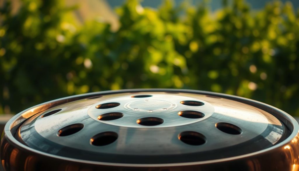 A detailed, hand-crafted handpan instrument sits center frame, showcasing its distinctive circular design and mesmerizing sound holes. The handpan's sleek, metallic surface reflects warm, soft lighting, casting gentle shadows that accentuate its curved silhouette. The background features a serene, out-of-focus landscape with lush, verdant foliage, evoking a sense of natural harmony. The overall composition exudes a meditative, introspective atmosphere, perfectly capturing the origins and craftsmanship of this unique percussive instrument. A detailed, hand-crafted handpan instrument sits center frame, showcasing its distinctive circular design and mesmerizing sound holes. The handpan's sleek, metallic surface reflects warm, soft lighting, casting gentle shadows that accentuate its curved silhouette. The background features a serene, out-of-focus landscape with lush, verdant foliage, evoking a sense of natural harmony. The overall composition exudes a meditative, introspective atmosphere, perfectly capturing the origins and craftsmanship of this unique percussive instrument.