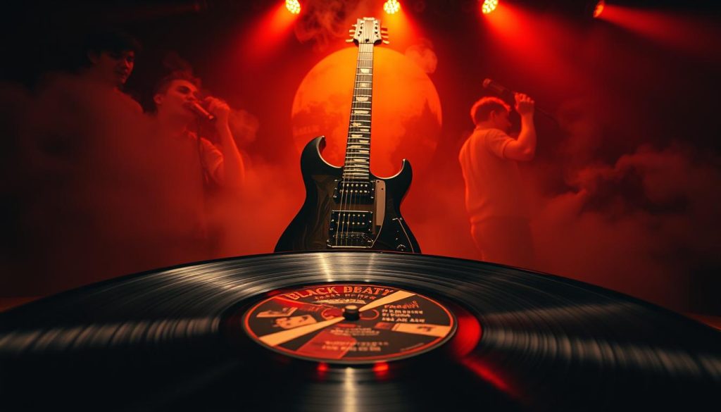 A dramatic representation of Black Sabbath’s iconic album "Paranoid," capturing the essence of early heavy metal music. In the foreground, a vintage vinyl record of "Paranoid" spins, its cover art vivid with dark, surreal imagery. The middle ground features an electric guitar, symbolizing the heavy riffs of the band, surrounded by atmospheric smoke and dim amber lighting. In the background, abstract visuals reminiscent of the 1970s music scene, with silhouettes of musicians in shadow, evoke a sense of rebellion and energy. The entire composition should be infused with a moody, shadowy ambiance, reminiscent of classic metal album covers, highlighting the powerful influence of Black Sabbath on the genre. Use a low-angle perspective to enhance the grandeur of the scene, evoking nostalgia and reverence for the pioneering spirit of heavy metal.