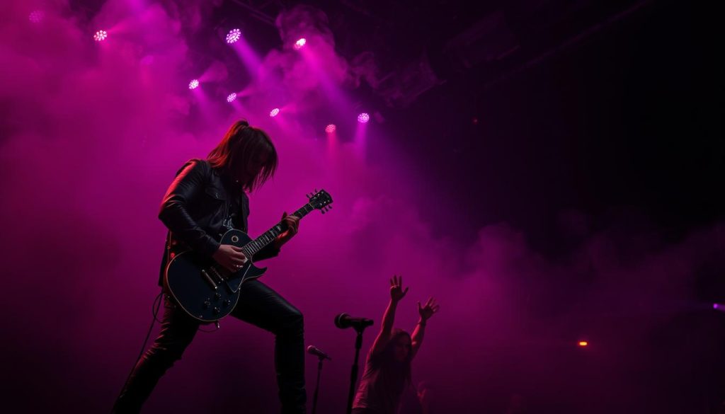 A dramatic scene depicting a heavy metal guitarist performing on stage, surrounded by swirling dark smoke that hints at the moodiness of the genre. In the foreground, the guitarist, dressed in black leather, plays an electrifying riff on a gothic-style electric guitar, emphasizing the tritone interval. The middle ground features an intense, passionate audience, immersed in the music, with silhouettes raised in exhilaration. The background showcases ominous stage lights in deep purples and reds, casting a vibrant glow. The atmosphere should be captivating and intense, capturing the essence of heavy metal and its darker themes. Use a low-angle perspective to enhance the dynamic energy of the performance, creating a sense of immersion in the scene. A dramatic scene depicting a heavy metal guitarist performing on stage, surrounded by swirling dark smoke that hints at the moodiness of the genre. In the foreground, the guitarist, dressed in black leather, plays an electrifying riff on a gothic-style electric guitar, emphasizing the tritone interval. The middle ground features an intense, passionate audience, immersed in the music, with silhouettes raised in exhilaration. The background showcases ominous stage lights in deep purples and reds, casting a vibrant glow. The atmosphere should be captivating and intense, capturing the essence of heavy metal and its darker themes. Use a low-angle perspective to enhance the dynamic energy of the performance, creating a sense of immersion in the scene.