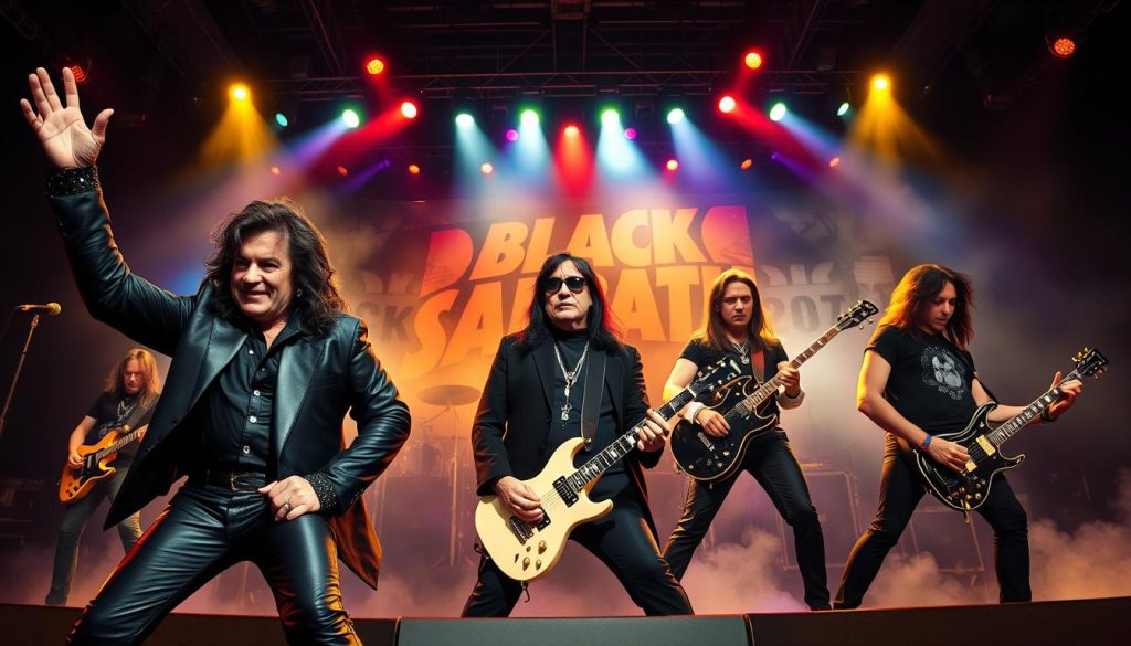 A dynamic representation of Black Sabbath through the years, featuring an array of band members in various iconic performances. In the foreground, showcase Ronnie James Dio with his powerful stage presence, dressed in stylish black attire with a dramatic pose that embodies rock energy. In the middle, include Ozzy Osbourne in his classic look with long dark hair and glasses, along with Tony Iommi, showcasing his trademark guitar. In the background, depict a vibrant concert setting with colorful stage lights and smoke to create an intense atmosphere. The lighting should be moody and dramatic, illuminating the musicians against a dark backdrop, with a wide-angle view capturing the excitement of a live performance. The overall mood should convey the legendary status of Black Sabbath as a pioneering force in heavy metal. A dynamic representation of Black Sabbath through the years, featuring an array of band members in various iconic performances. In the foreground, showcase Ronnie James Dio with his powerful stage presence, dressed in stylish black attire with a dramatic pose that embodies rock energy. In the middle, include Ozzy Osbourne in his classic look with long dark hair and glasses, along with Tony Iommi, showcasing his trademark guitar. In the background, depict a vibrant concert setting with colorful stage lights and smoke to create an intense atmosphere. The lighting should be moody and dramatic, illuminating the musicians against a dark backdrop, with a wide-angle view capturing the excitement of a live performance. The overall mood should convey the legendary status of Black Sabbath as a pioneering force in heavy metal.