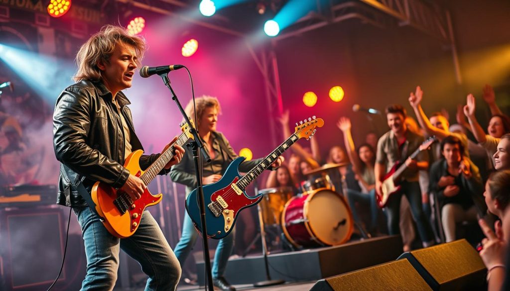 A dynamic scene capturing the origins of hard rock music, featuring a vintage 1960s rock band on stage, with musicians playing guitars and drums passionately. The foreground displays a vocalist with an electrifying expression, dressed in a stylish leather jacket and jeans. Electric guitars with vivid colors and a classic microphone enhance the energy. The middle ground shows enthusiastic fans, embodying the spirit of rock 'n' roll in their authentic 60s attire. In the background, a smoky atmosphere and soft stage lights create a nostalgic vibe, with colorful spotlights illuminating the band. The overall mood is vibrant and energetic, reflecting the raw essence of hard rock's beginnings, with a warm glow reminiscent of the era. A dynamic scene capturing the origins of hard rock music, featuring a vintage 1960s rock band on stage, with musicians playing guitars and drums passionately. The foreground displays a vocalist with an electrifying expression, dressed in a stylish leather jacket and jeans. Electric guitars with vivid colors and a classic microphone enhance the energy. The middle ground shows enthusiastic fans, embodying the spirit of rock 'n' roll in their authentic 60s attire. In the background, a smoky atmosphere and soft stage lights create a nostalgic vibe, with colorful spotlights illuminating the band. The overall mood is vibrant and energetic, reflecting the raw essence of hard rock's beginnings, with a warm glow reminiscent of the era.
