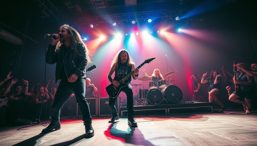 A dynamic scene showcasing extreme metal genres, featuring a powerful metal band performing on stage. The foreground captures the intense energy of the lead singer with a microphone, wearing a leather jacket and sporting long hair, deeply immersed in the performance. In the middle ground, the skilled guitarists are surrounded by colorful stage lights—red, green, and blue—illuminating their fierce expressions. The drummer pounds aggressively on a large drum set, adding to the chaotic atmosphere. In the background, a crowd of enthusiastic fans with raised hands revels in the intensity of the moment. The lighting is dramatic with dark shadows and bright highlights, creating an electrifying mood. Shoot from a low angle to emphasize the band's commanding presence, capturing the essence of extreme metal music.